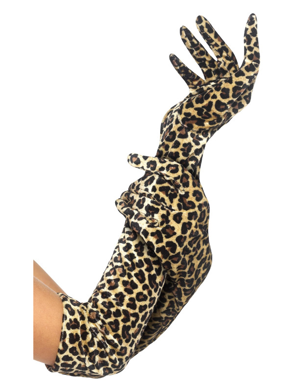 Gloves, Leopard Print, Velour, Black, 52cm/20.5 inches