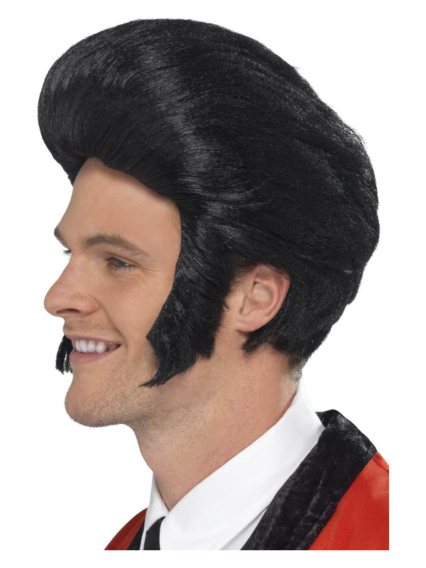 50s Quiff King Wig, Black, with Sideburns