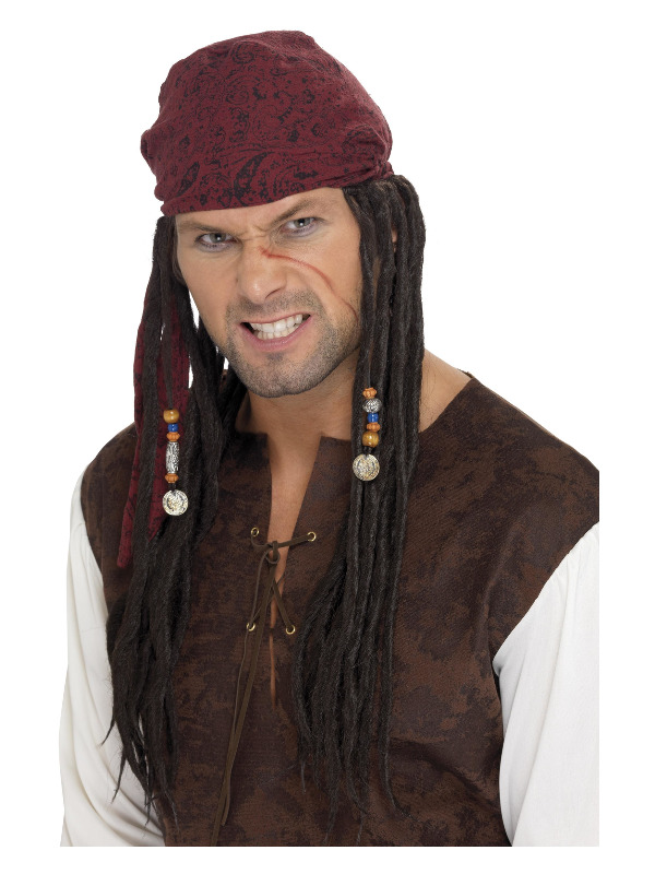 Pirate Wig & Scarf, Brown, with Plaits