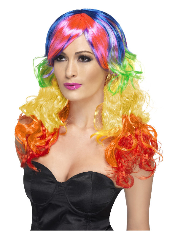 Rainbow Curl Wig, Multi-Coloured, Long, with Fringe