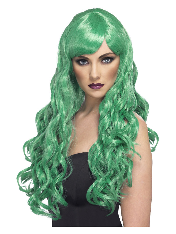 Desire Wig, Green, Long, Curly with Fringe