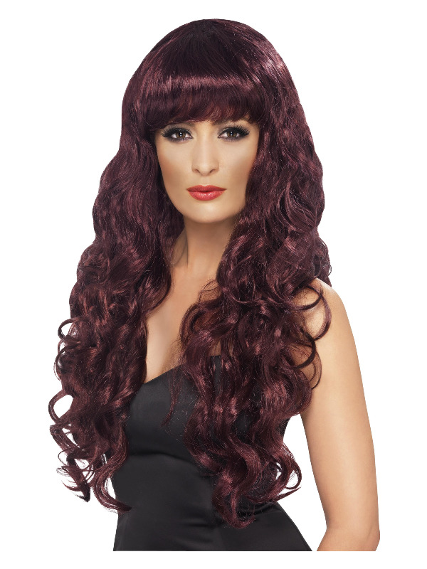 Siren Wig, Maroon, Long, Curly with Fringe