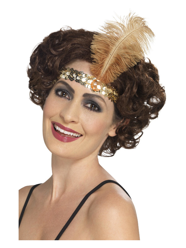 Flapper Headband, Gold, with Feather