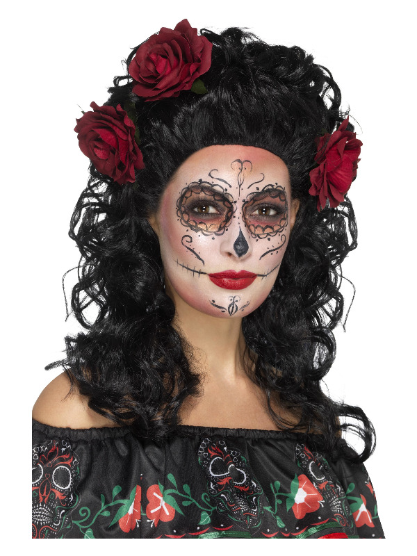 Deluxe Day of the Dead Wig, Black, with Roses