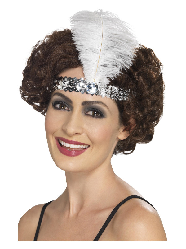 Flapper Headband, Silver, with Feather