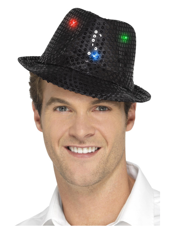 Light Up Sequin Trilby Hat, Black, with Multi-Function LED Lights