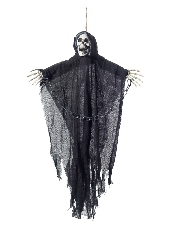 Hanging Reaper Skeleton Decoration, Black, with Cape & Chains, 70x90cm / 28inchx35inch