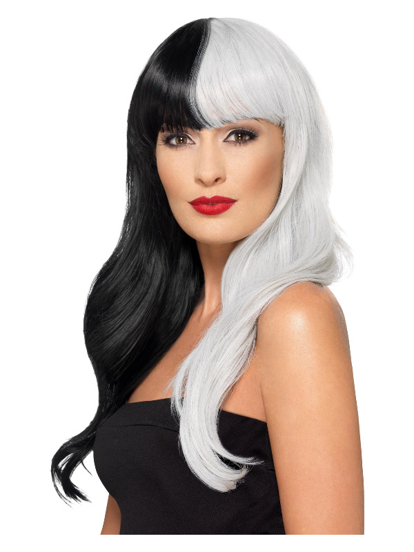 Deluxe Wig, Half & Half With Fringe, Black & Grey, Heat Resistant/ Styleable