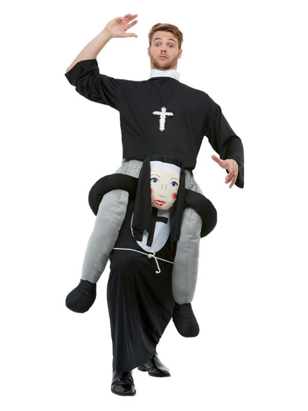 Piggyback Nun Costume, Black, with One Piece Suit & Mock Legs