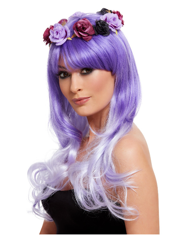 Day of the Dead Glam Wig, Purple, with Flowers